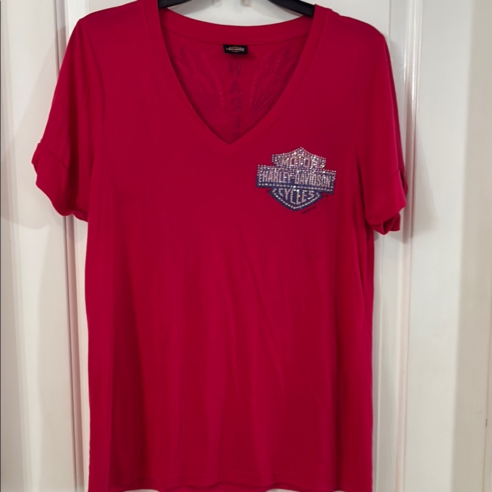 Harley-Davidson Women's Pink Bedazzled V-Neck Top